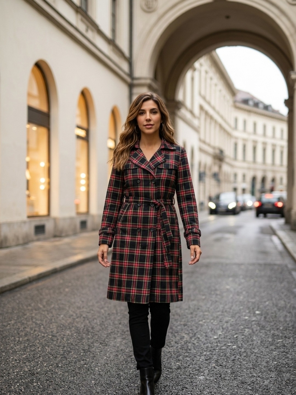 Plaid Belted Trench Coat Dress - Red/Black